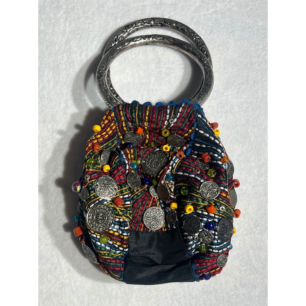 Chicos Boho Beaded Coin Charm Pouch Bag Etched Metal Ring Handle Multi Color